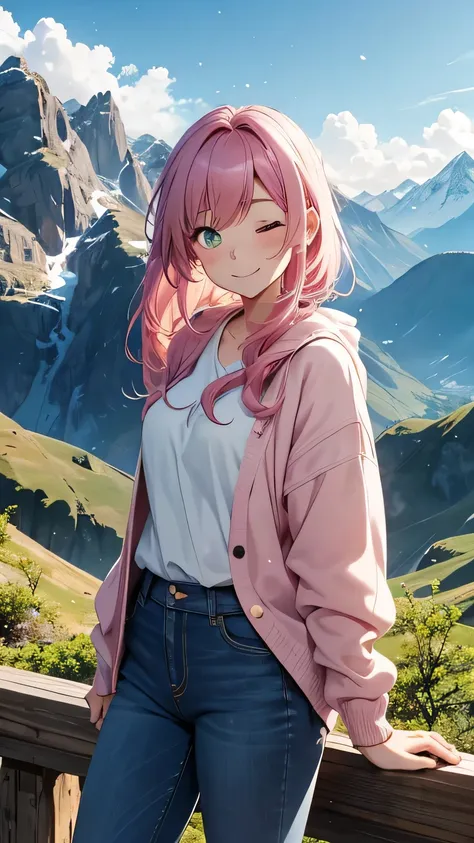 An 18-year-old anime girl with large jade green eyes and a joyful smile stands on a mountain peak, with her head slightly tilted and her eyes closed. Sakura Mizuki, with her waist-length pink hair styled in soft waves, is dressed in a light, casual outfit:...