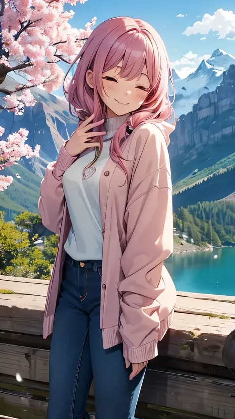 An 18-year-old anime girl with large jade green eyes and a joyful smile stands on a mountain peak, with her head slightly tilted and her eyes closed. Sakura Mizuki, with her waist-length pink hair styled in soft waves, is dressed in a light, casual outfit:...