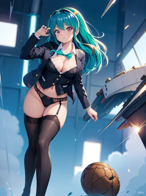 (1 Girl),(high quality), (High resolution), (Very detailed), (8k),(Demolition paperback correct)、Urusei Yatsura、Ram-chan、((Sexy Lingerie))、Wearing a blazer、((Focus on the whole body))、Nipple Shape、((Black knee-high stockings))、Hair messed up by the strong ...