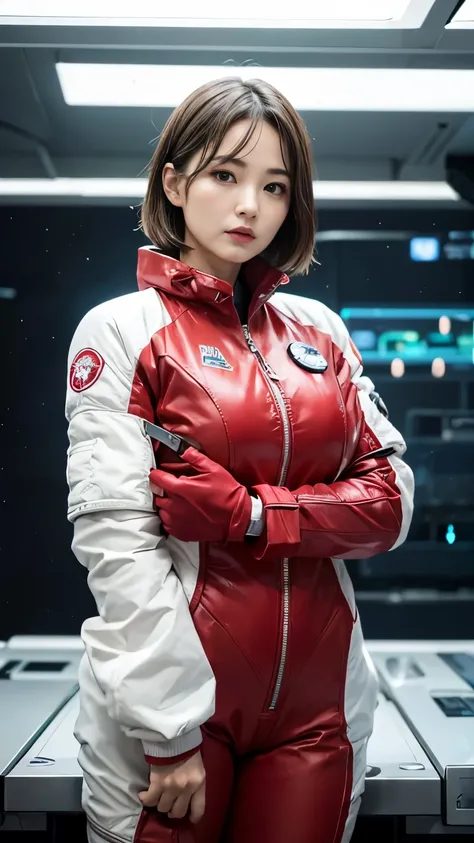 (hyper real)、future female pilots、
Huge　Beautiful woman　High level image quality　High resolution　realistic　short hair　bionde、　biondeの女性、mature woman、middle-aged women、((big big skin texture、超High resolution、realistic、Chubby body type、angry face、beauty of m...