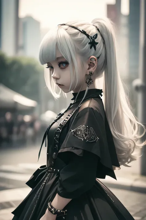 One girl, blonde twin-tail hair,((look at front))) wearing a black shiny gothic dress (shiny fabric, feels wet), lots of metal accessories, sunny gothic park in the background.