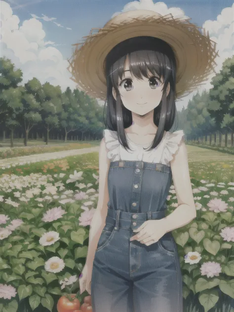 shoulder-length hair　black hair　home garden　have vegetables　smile　farms in the background　summery outfit　straw hat