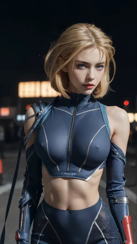 8K, Top Quality, Intricate Details, Ultra Detail, Ultra High Resolution, Masterpiece, close up shot, (full body: 1.1), Slender, Smile, (Makeup: 0.4), ((,)), (Fluffy blue Eyes: 1.21), (()), 1girl, solo, 1 girl, ((cammy white, blonde hair, bangs, short hair,...