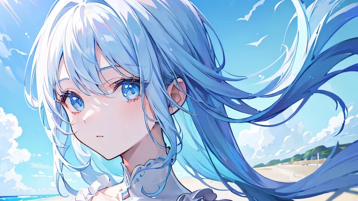 a beautiful girl with light blue hair, light blue eyes, and light blue clothes, standing on a beach with an ocean background, looking directly at the viewer, ocean vibes, (best quality,4k,8k,highres,masterpiece:1.2),ultra-detailed,(realistic,photorealistic...