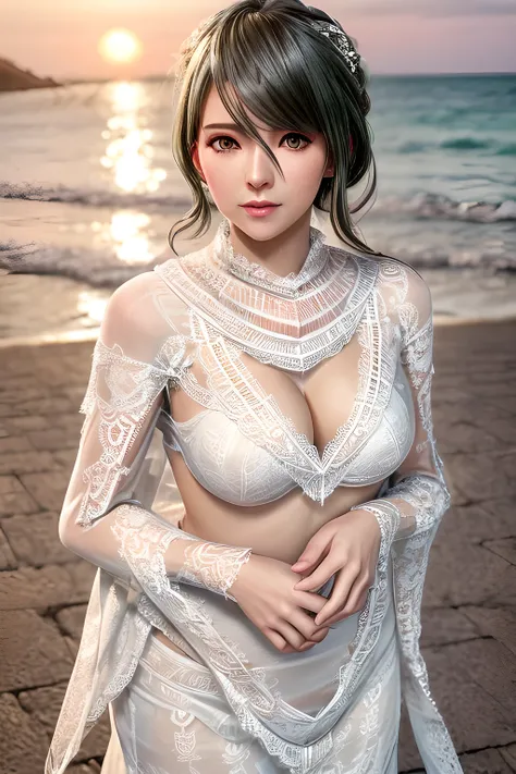 1girl , wearing a wedding dress with (a sweetheart neckline on the upper part:1.2),( a beautiful lace shawl:1.5), and long sleeves that add to her elegance,outdoors,At the seaside at sunset,huge breasts,Tamaki,