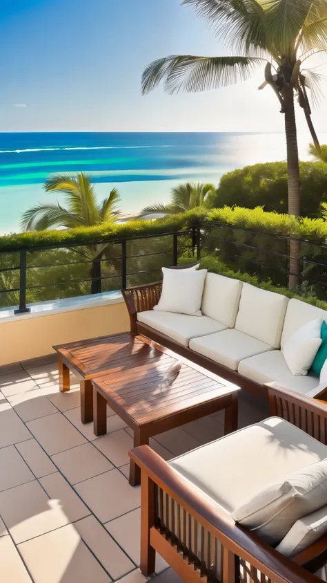 describe the scene from the balcony of a modern, luxurious resort hotel in a tropical paradise. The stunning emerald green sea stretches out before you, and the sleek, contemporary deck furniture on the balcony adds a touch of sophistication. Surrounding t...