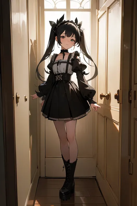 (masterpiece, Highest quality, 8k, RAW Photos, beautifully、aesthetic:1.2), Intricate details, One girl, (whole body:1.2), Door Mary, Twin tails, x Hair accessories, Hair Ribbon, choker, Harness, Black Skirt, Black Dress, Removable sleeves, black sleeves, P...