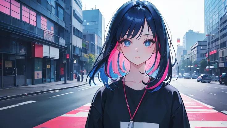 a girl with dark blue hair looking directly at the viewer, wearing stylish streetwear in an 80s japanese citypop inspired urban city scene, (best quality,4k,8k,highres,masterpiece:1.2),ultra-detailed,(realistic,photorealistic,photo-realistic:1.37),beautifu...