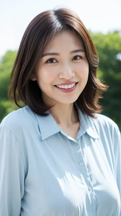 Standing in the park, Wrinkles around the eyes, Smiling with teeth showing, Plain short-sleeved clothing, senior citizen, Draw lips correctly, Red lipstick, No discomfort, 16K, Highest quality, Very detailed, Realistic, Very detailed肌, (Japanese), (alone),...