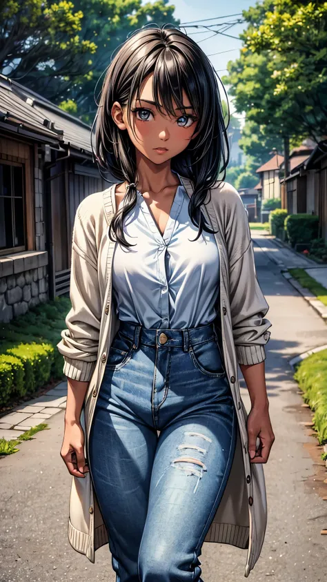 ((look away2.0)),((face close up)),beautiful detailed eyes, beautiful detailed lips, extremely detailed eyes and face, longeyelashes, 1 Japanese girl, outside the countryside,16 years old,((dark skin color2.0)), (very short black hair),displeased,casual ((...