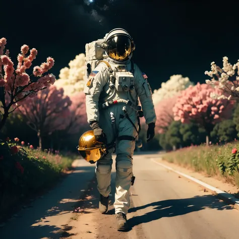 an astronaut wearing a helmet painted, walking on blooming roses, full body, militaristic realism, hd mod, dark gold, distinctiv...