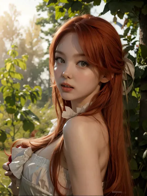 Best Quality, master part, ultra high resolution, (photorealistic:1.4), raw photo, 1 girl, Inside the cafeteria, looking at the viewer, long red hair, white dress with stamps of strawberries on it, pale skin, Half body, neckline, red hair, White pale skin 