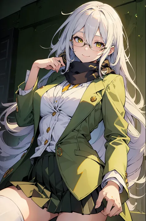 (best quality:1.3), (masterpiece:1.3), (illustration:1.3), (ultra-detailed:1.3), (mid shot:0.9), 1girl, long hair, white hair, (yellow eyes) large breasts, (((white shirt, green blazer))), glasses, warm smile, ((black pleated skirt)), highschool girl, long...