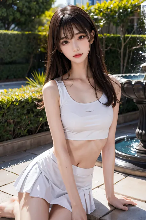 (ultra hd), (white tank top, black pleated mini skirt), big breasts, slender, whole body, (clean and shiny skin, whitening, no m...