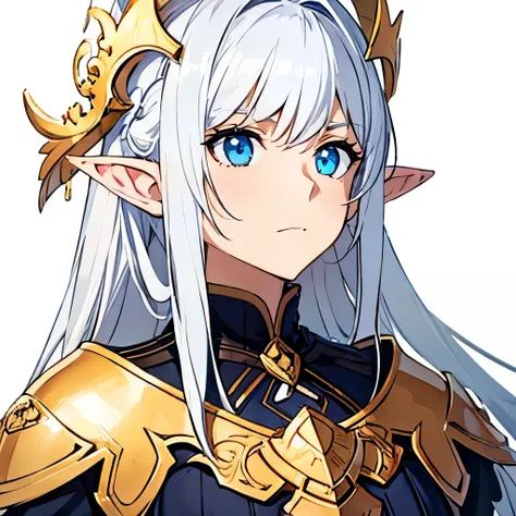 medium tits, 1girl, at school, white background, silver hair, blue eyes, emotionless, detailed face, view at camera, school unifom, upperbody, view from far, elf ears, gold crown