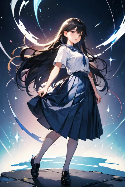 (extremely detailed CG:1.2), (masterpiece:1.2), (best quality:1.2),,((absurdres)),looking at viewer,full body, ,(1girl),solo,(long hair),(mathayom uniform),(white shirt short sleeves),(navy_blue pleated skirt),(long skirt),dynamic angle,standing,dynamic po...