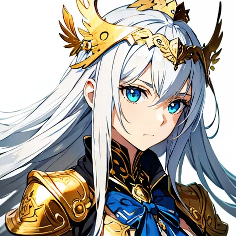 medium tits,  1girl, at school, white background, silver hair, blue eyes, emotionless, detailed face, view at camera, school unifom, upperbody, view from far, gold leaf crown