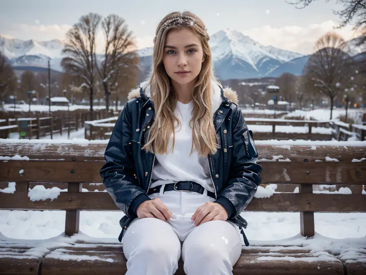 ((1 girl in, age 19, modest,  shy, One, длинные волнистые blonde hair, wind tousled hair, blonde hair, (Dark blue eyes), Colossal , full body shot, (textured leather, skin pores:1.1))), imperfect skin, goosebumps, in the city park, wooden bench, snowy moun...