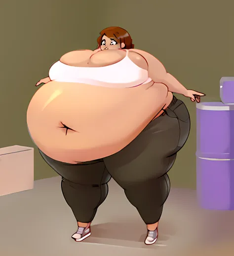 (solo, 1girl:1.2),
hands on own stomach, belly grab, 
(colored skin:0.5), 
(Full_blueberry_inflation)
curvy, standing, midriff, 
(tank top, shirt:1.15), jeans, large breasts, breasts apart, 
surprised, shocked. ((Ahegao))
full body,
simple background