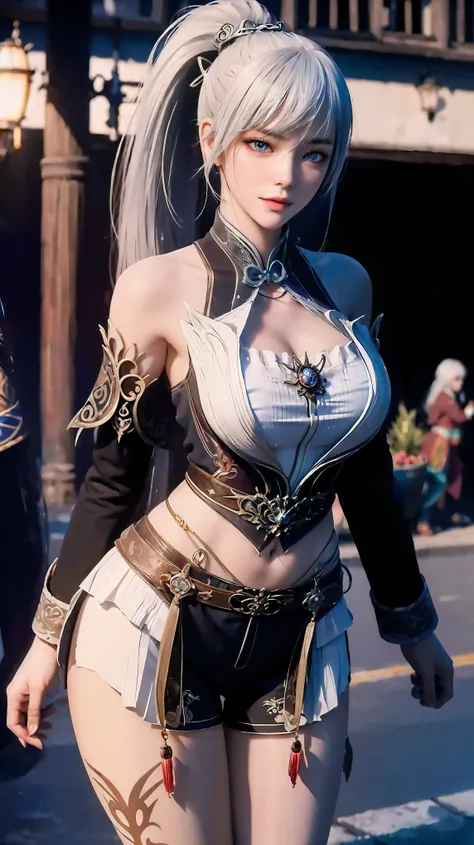 ((best quality, 8K, masterpiece:1.3)), focus: 1.2, perfect body beauty: 1.4, buttocks: 1.2, ((layered hairstyle, Chest: 1.2)), (wet clothes: 1.1), (rain, street:1.3), Bandeau dress: 1.1, Highly detailed facial and skin textures, narrow eyes, double eyelids...