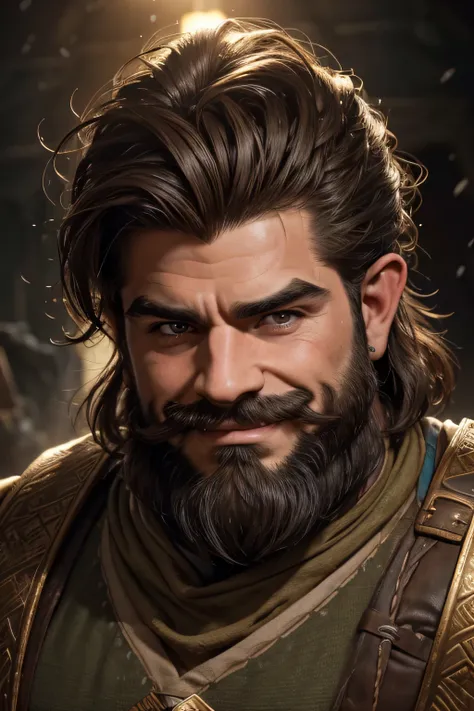 (8K, high definition, high quality, highly detailed) Handsome dwarf. hyper-masculine. square jaw. hunter eyes. relaxed brows. dark hair. smiling. full beard. thick mustache. headshot. wearing middle-earth tunic. looking away from the camera. dramatic light...