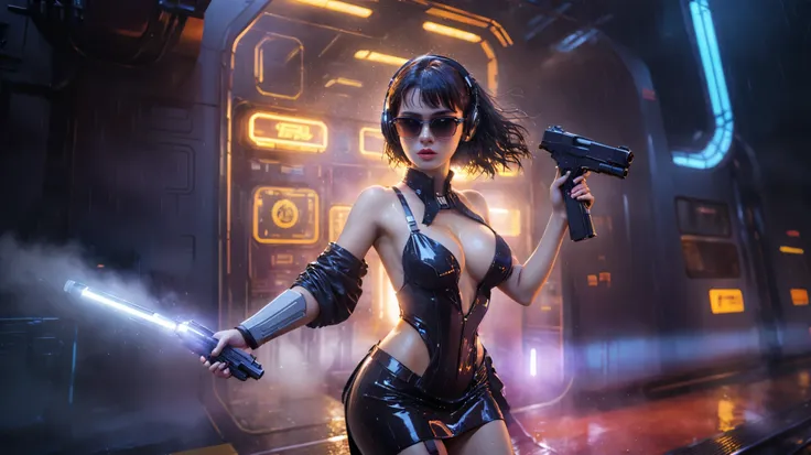 (((aerial view))), Blade Runner style futuristic railway platform, hi-tech train, neon lights, rainy night. (1girl, solo, alone), large-breast:1.2 slim body, cleavage:1.1, sexy wind blowing wet dress:1.4, headphone, (black sunglasses), (((she raised a pist...