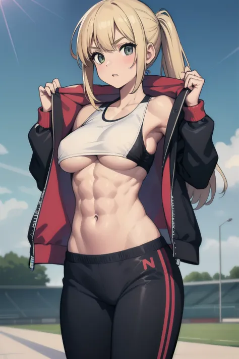 1girl,solo ,track jacket ,track suit ,open jacket, tank top, abs ,underboob