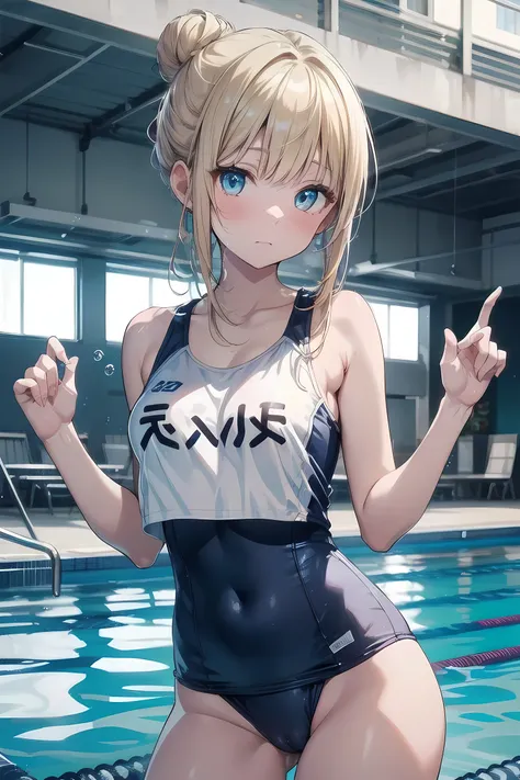 (NSFW:1.1), masterpiece, Highest quality, Ultra-high resolution, Highest Resolution, Very detailed, cowboy shot, very cute, Complete limbs, Shining Eyes, Full Finger, Slender beauty, Blonde Bun Hair, Embarrassed look, Writhing expression, school swimsuit, ...