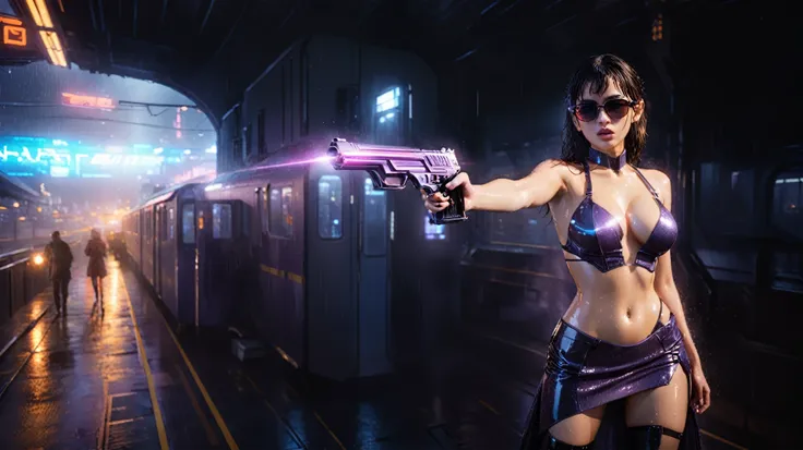 (((aerial view))), Blade Runner style futuristic railway platform, hi-tech train, neon lights, rainy night. (1girl, solo, alone), large-breast:1.2 slim body, cleavage:1.1, sexy wind blowing wet dress:1.4, headphone, (black sunglasses), (((she raised a pist...