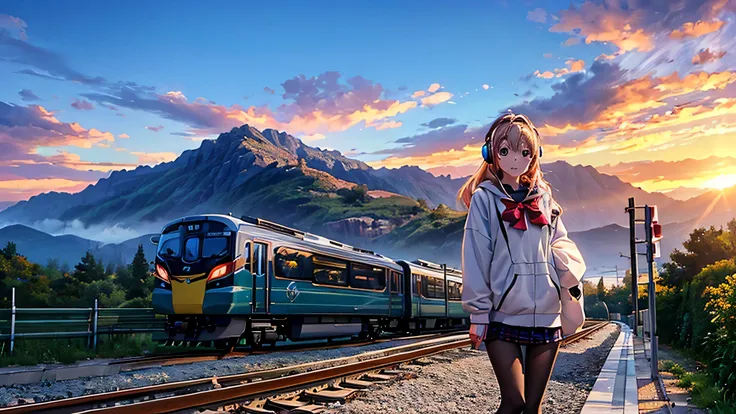 1 beautiful girl wearing headphones standing on the train tracks, with signs, landscape artwork, background art de anime, arte loepfe, detailed scenery – width 672, landscape artwork detalhada, arte loepfe style, beautiful anime landscape, made with anime ...