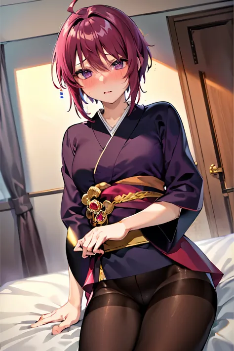 (Highest quality:1.1), (masterpiece:1.4), (Absurd:1.0), 
One Girl、1girl, 独奏, short hair, ahoge, red hair, purple eyes, purple hair, Medium chest、Looking at the audience、Bedroom、(blush:1.2)、Embarrassed expression、((pantyhose))、sit、(kimono)、(Black Panties)、