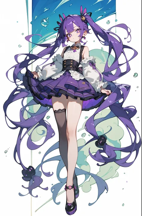 Long twin tails，Purple Hair，Purple pupil character full body portrait