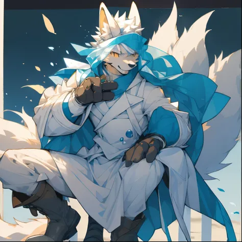 Nine-tailed Fox Beastman，White hair with light blue and lavender hair，masterpiece，White robe，180，20 years old，Black boots，Wearing gloves on hands，Wearing a veil on the head，Elegant gentleman。