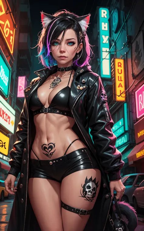 (Evangeline Lilly) Digital illustration featuring a anthropomorphic feline+paws+claw+tail with a striking appearance set against a vibrant, neon-lit urban background. She has human face and black hair with a prominent white streak, styled in a modern. She ...