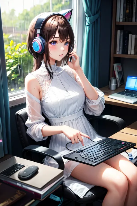 1 beautiful girl, transparent white dress, 1 headphones, using 1 computer, with 1 cat next door and rain on the window