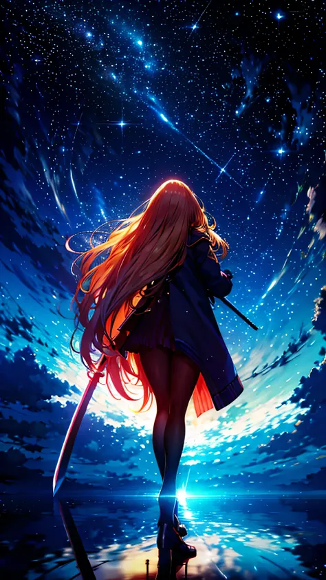 Starry Sky，１people々,　Blonde long hair，Long coat，sword，silhouette， Rear View，Space Sky, Anime Style,