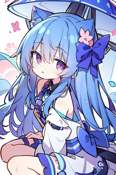 （masterpiece：1.2），Super detailed，lifelike，Expressive eyes，fair skin，perfect face shape，1 girl，
Japanese comics,Gorgeous blue hair,flowing blue hair,flowing clothes,Cat ears,Petals fall,beautiful lola,Baby Angel,
Shaking head with one hand，Cross your legs，，...