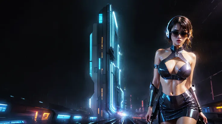 (((aerial view))), Blade Runner style futuristic railway platform, hi-tech train, neon lights, rainy night. (1girl, solo, alone), large-breast:1.2 slim body, cleavage:1.1, sexy wind blowing wet dress:1.4, headphone, (black sunglasses), (((she raised a pist...