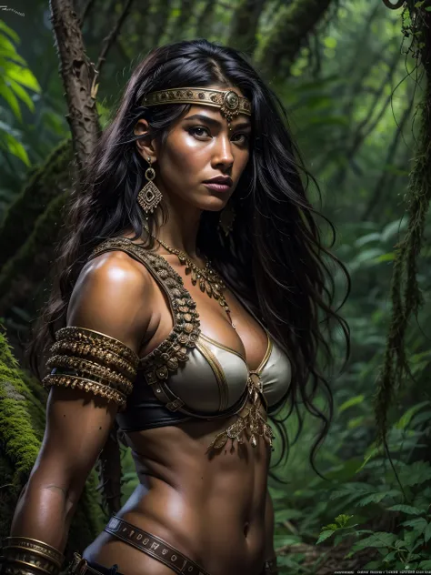 Describe a scene where a highly realistic, extremely detailed Amazon warrior, wearing an outfit that accentuates her perfect figure, is leading someone through a narrow path in a dark, Amazon jungle to her village. Emphasize the dark, mysterious ambiance o...