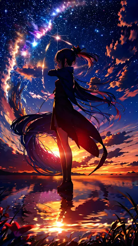 ((Silhouette Art)), The sadness of Orihime, who was separated from her by the Milky Way, is conveyed., She stretches out her right arm in farewell., close, profile, Top view.