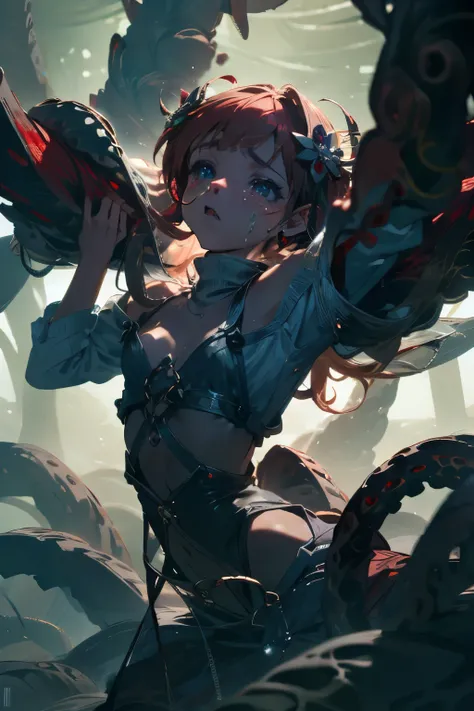  ((best quality)), ((masterpiece)), (detailed), 1girl, off-shoulder sweater, a fairy, fairy girl, winged pixie girl, various different types of insect wings, small breasts,  NSFW，Covered with tentacles, encoiled by tentacles, Tentacles around the body, man...