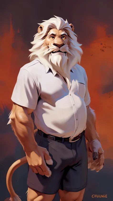 by chunie by catsudon by retros, male,ridiculuous,((mature,mature male)),((Bearded,mustache)), felid, solo, ((Lion,tail)),(white hair), facial hair, facing viewer, ((Highly detailed face)), (((Grandpa Figure))), ((smilling)), red and orange abstract backgr...