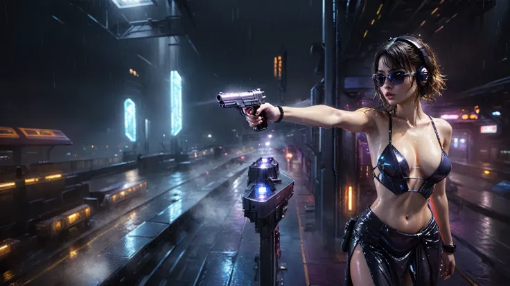 (((aerial view))), Blade Runner style futuristic railway platform, hi-tech train, neon lights, rainy night. (1girl, solo, alone), large-breast:1.2 slim body, cleavage:1.1, sexy wind blowing wet dress:1.4, headphone, (black sunglasses), (((she raised a pist...