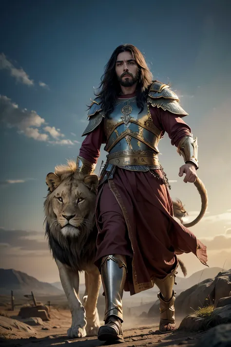 Jesus Christ as a Warrior walking alongside a fierce Lion, triumphantly