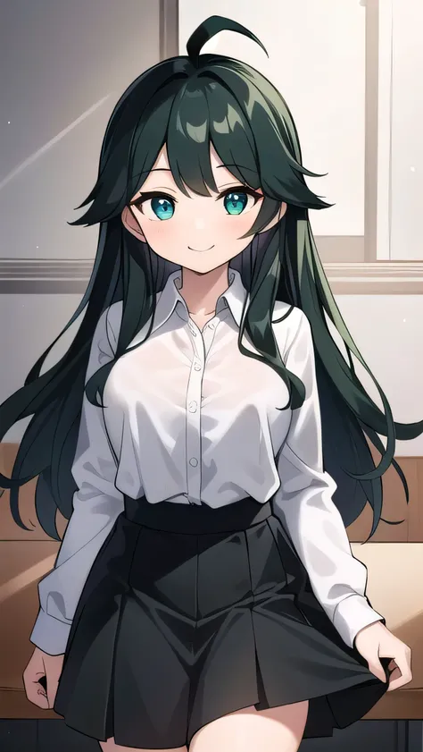 Junior high school student who looks like an elementary school student, 14 years old, very short, 140 cm tall, black hair with a slight green tinge, short ahoge, beautiful long hair but with a little hair sticking out, beautiful round eyes, blue eyes, smil...