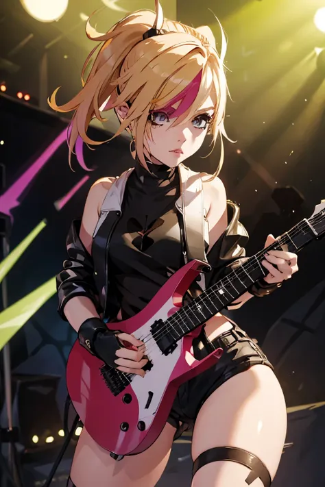 realistic:1.2, rocker girl wearing a leather jacket,slim body shape、normal bust size,  full body shot, １two electric guitars, cl...