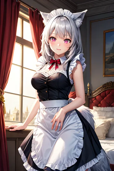 ((best quality)), maid, wolf girl, silver fur, white tails, wide hips,  demi human, shy, magic, pink eyes, sparkling, castle bedroom, 