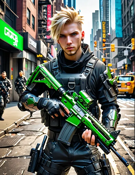 blond-haired man in military uniform holding an m4 carbine on a new york city street, cyberpunk street goon, hyper-realistic cyberpunk style, jetstream sam from metal gear, techwear look and clothes, cyberpunk streetwear, cyberpunk soldier, young blonde bo...