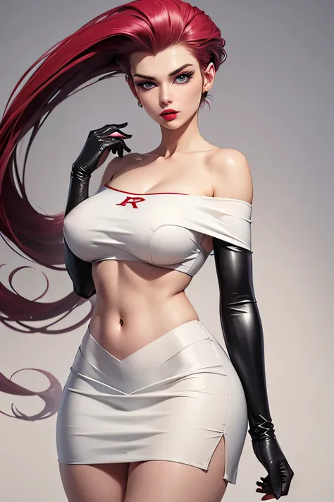 gorgeous busty girl in sexy standing, seduced,((hair slicked back, long hair,)), large blue eyes, red lip gloss, perfect body, team rocket ,team roket off shoulder top ,white skirt, gloves, masterpiece, highres, ((plain background:1.3))