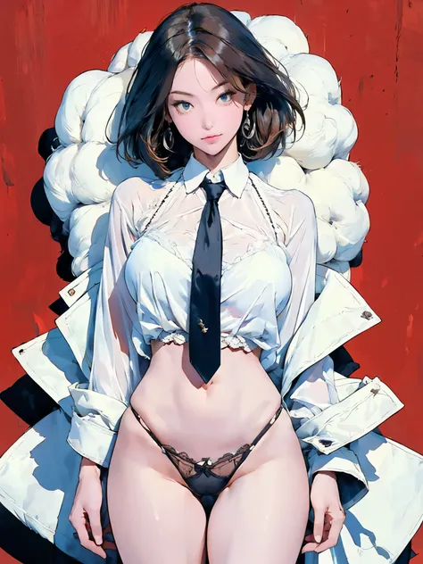 1girl, medium length brown hair, hair strands over forehead, (white color theme clothing), red background, thighs, detailed face, looking at viewer, transparent lace blouse, no bra, see-through lace panties lace glove, necktie, gigantic breasts,